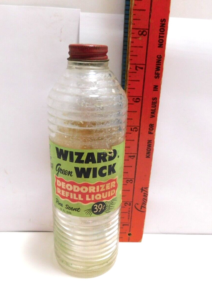 Vtg Paper Label Wizard Green Wick Deodorizer Refill Liquid Pine Scent Empty
