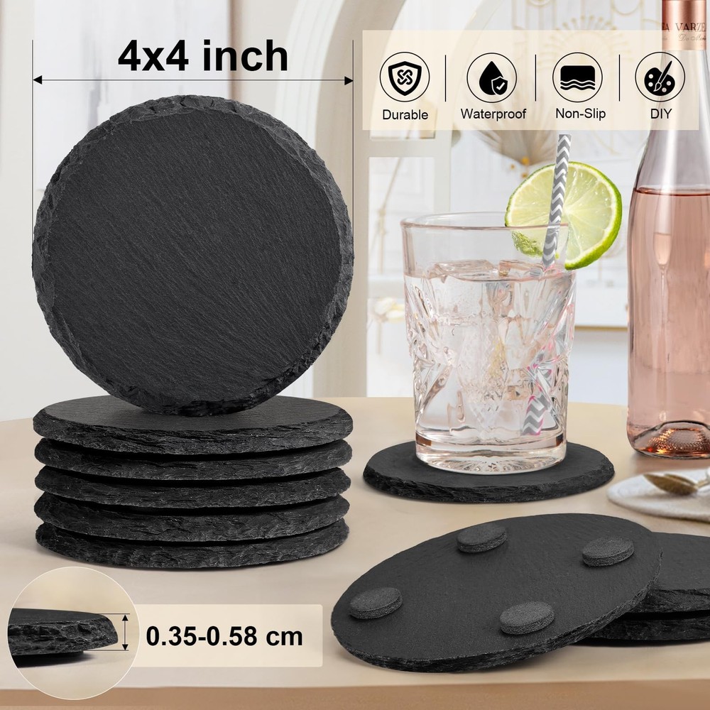 36 Pieces Slate Coasters Bulk, 4 Inch Round Rustic Black Stone Drinks Coaster...