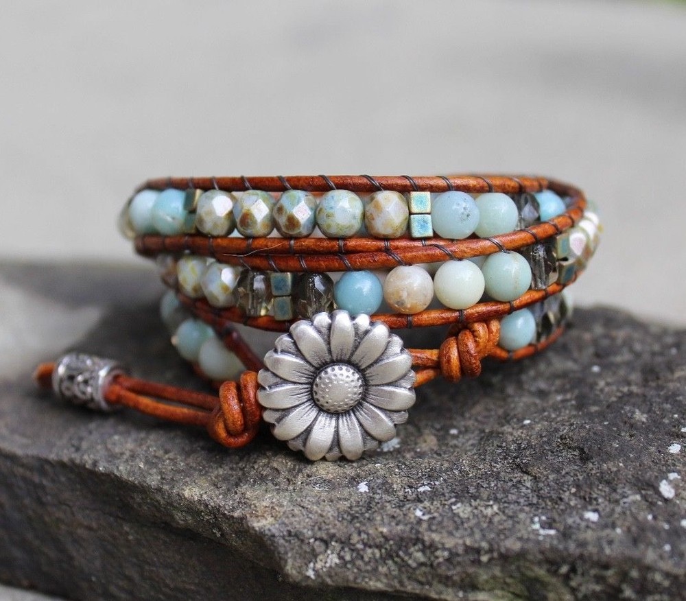 Gemstone Beaded 3X Wrap Bracelet Brown leather Bracelet