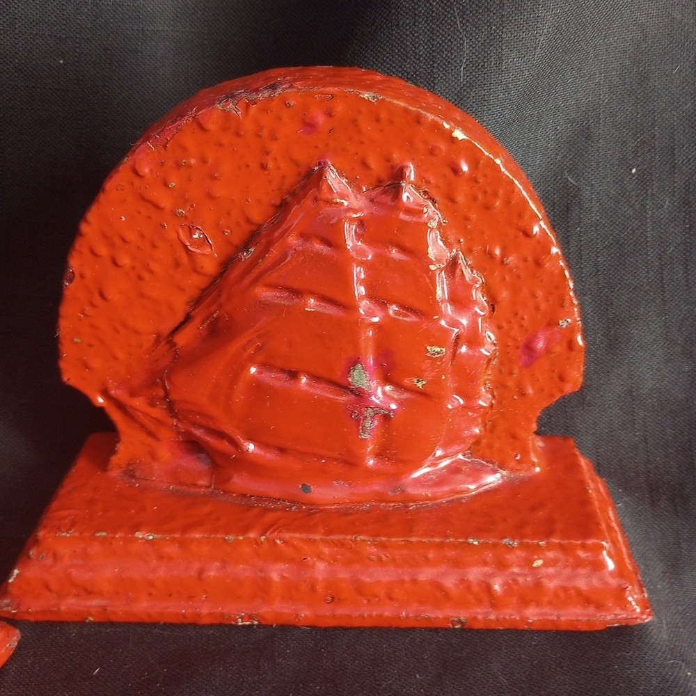 Vintage Orange Red Painted Bumpy Composite Ship Bookends Rustic As Is 5.75" Tall