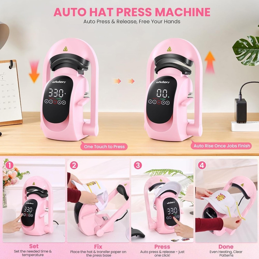 ✨3-in-1 Pink Auto Cap Heat Press Machine with 3pcs Replaceable Heating Pads✨