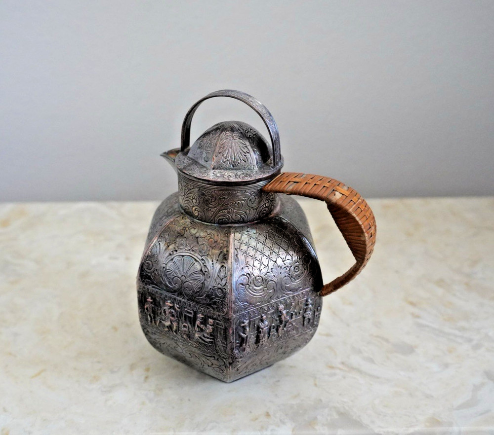 Antique EG Webster Silver Repoussé Pitcher Ornate with Rattan Handle