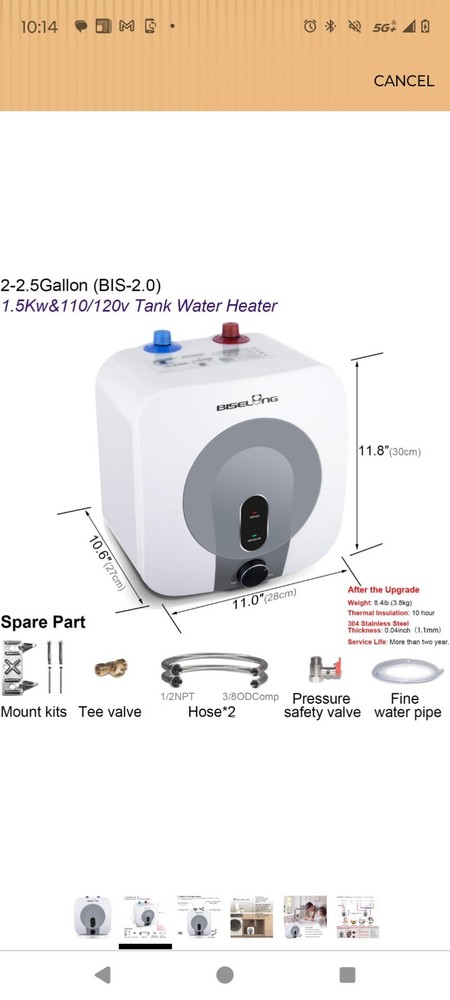 Biselong BI-2.5 Mini Electric Storage Tank Water Heater 2.5 Gal 110/120V