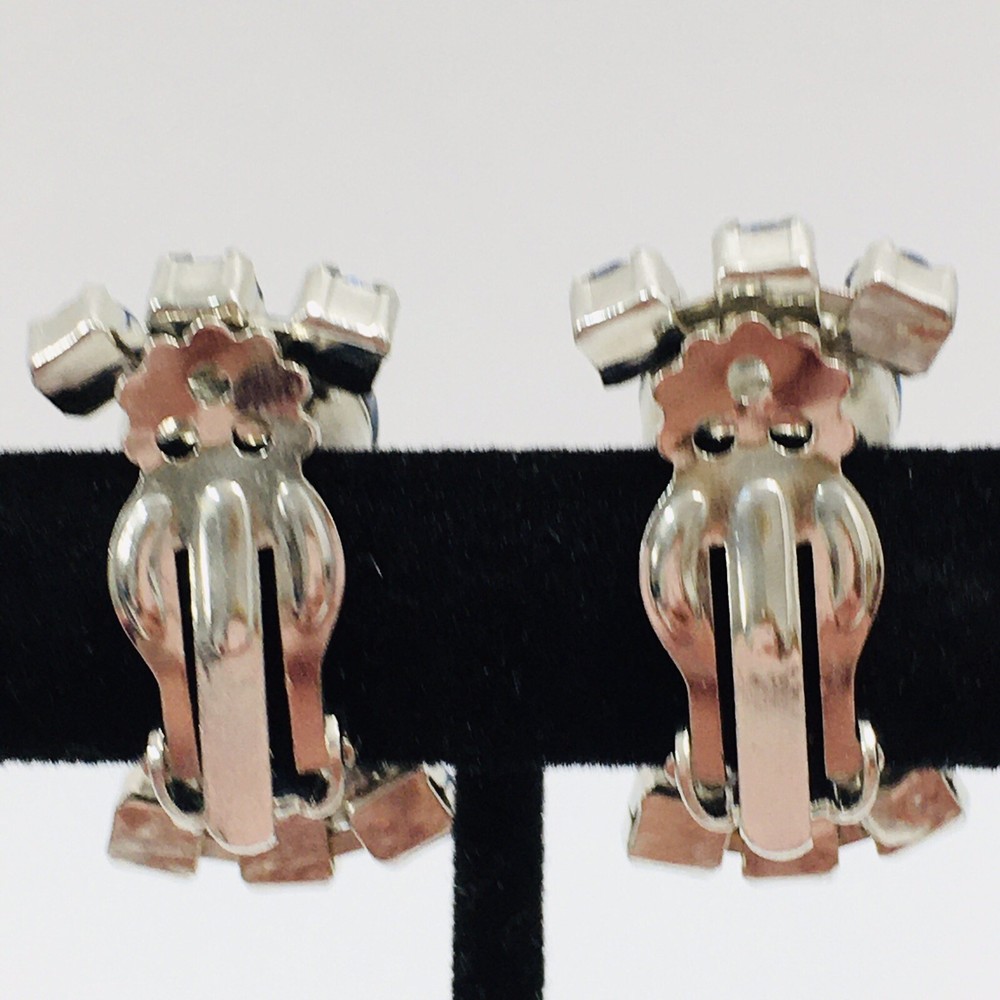 Vintage Blue Rhinestone Statement Clip Earrings Silver Tone Prong Set