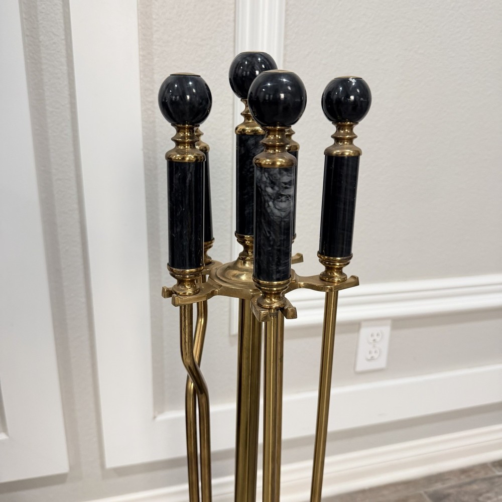 VTG Black Marble Handles And Base Brass Fireplace Tool Set
