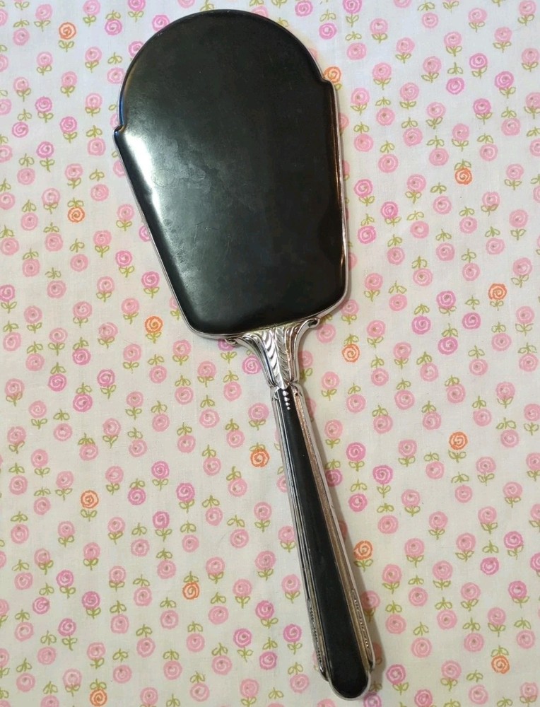Vintage S&B Saart Bros Mirror Vanity Hand Held Silver Tone + Solid Black Back