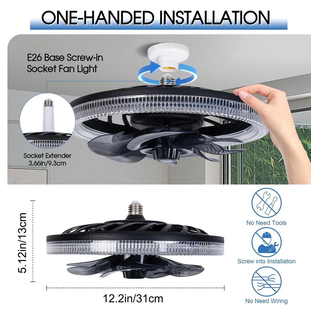 Socket Ceiling Fan Light,Bulb with Remote,Dimmable E26 Base Black