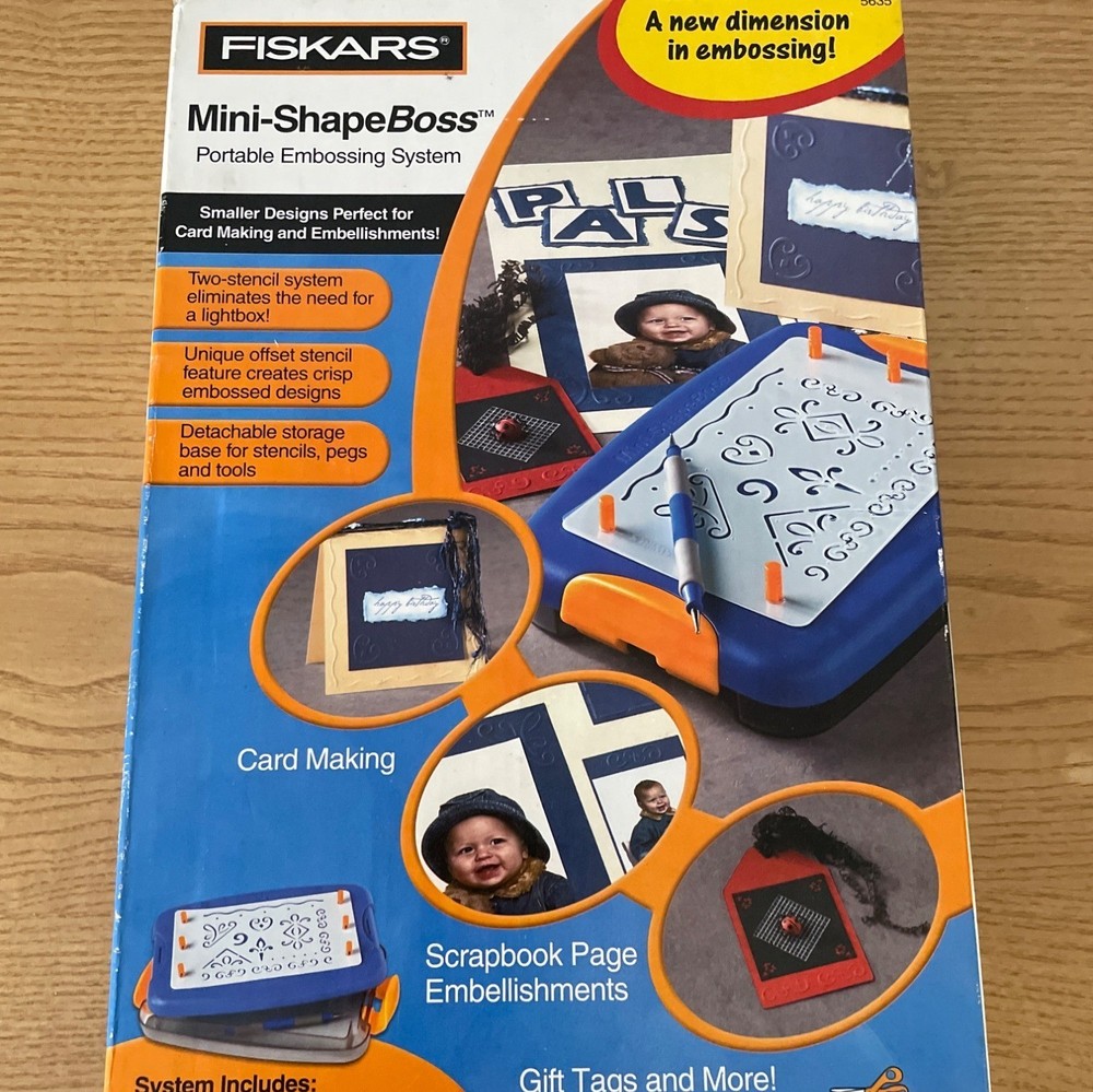 Fiskars Mini-ShapeBoss Portable Embossing System Scrapbook Cards w Stencils Tool