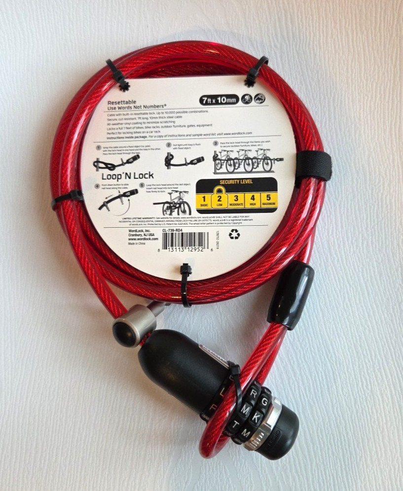 NWT Wordlock Red Resettable Loop N Lock Cable 7ft for Multiple Bikes