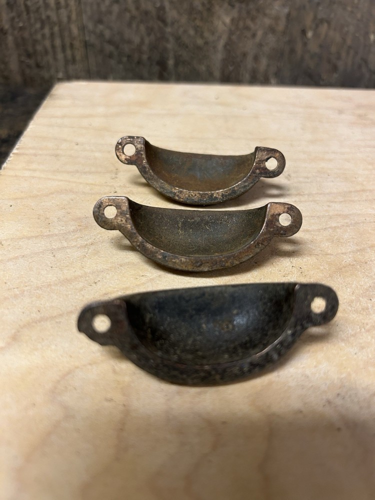 3 SM. Cast Iron Cup Pulls Antique Victorian Hardware Bin Apothecary Drawer