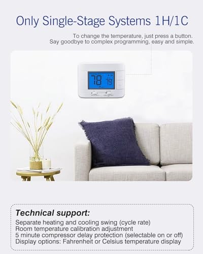 Non Programmable Thermostat for Home 1 Heat/ 1 Cool Single-Stage Blue Backlight