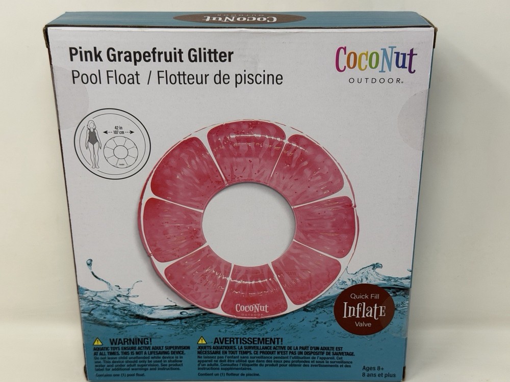 Pink Grapefruit Glitter CocoNut 42” Inflatable Ring Float NEW Quick Inflate