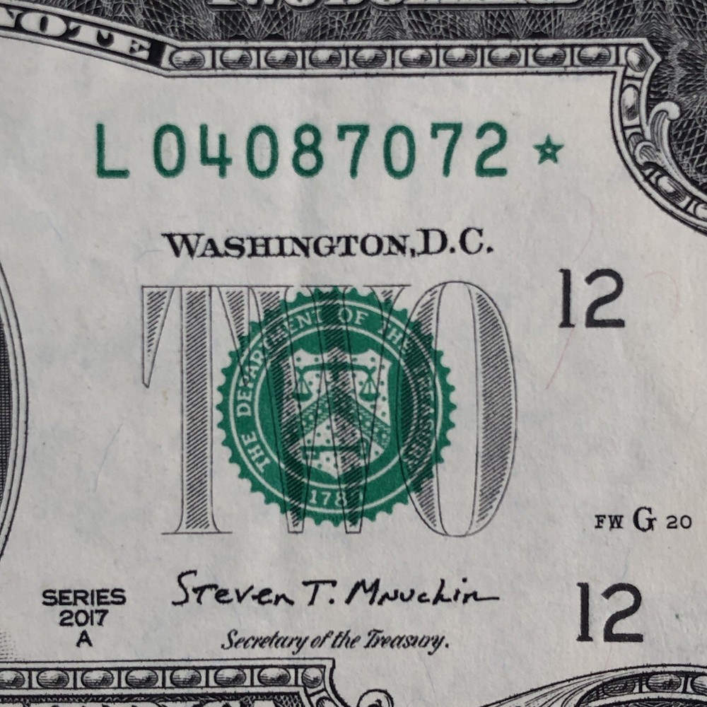 2017A $2 Star Note Error - Over-Inked Serial Number