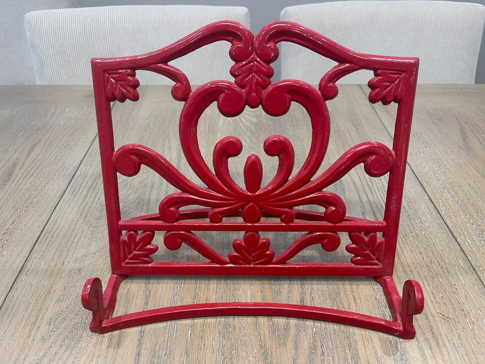 Red Cast Iron Enamel Book Holder Easel Stand Scroll