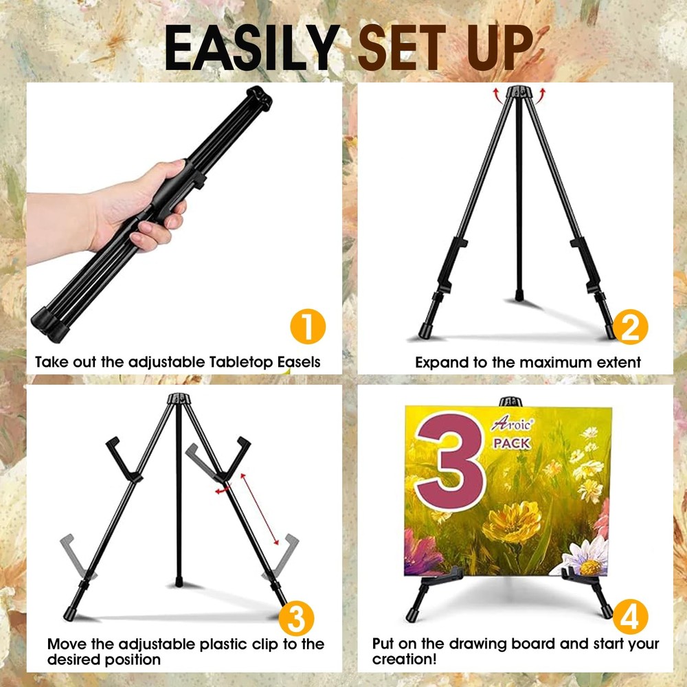 3 Pack 14'' Tabletop Easels, Black Steel Table Top Easels for Display, Adjust...