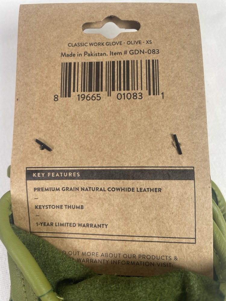 Barebones Living Classic Work Gloves XS Olive Cowhide Leather