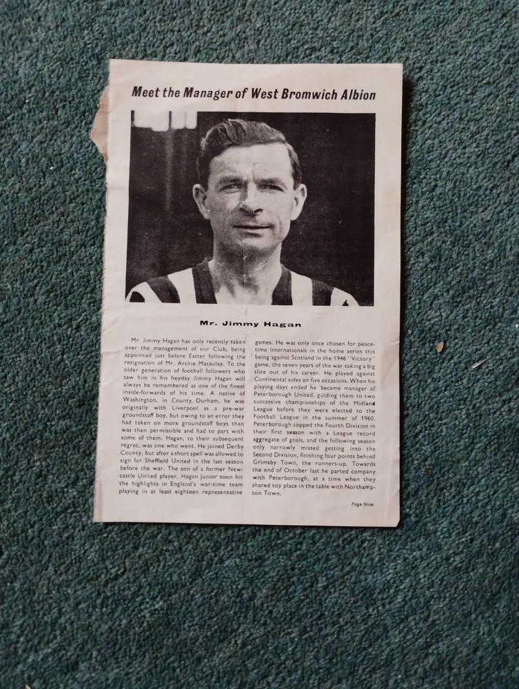 Sk230 Ephemera 1962 Article jimmy Hagan West Brom
