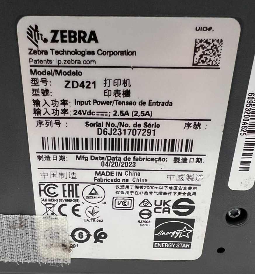ZEBRA ZD421 PRINTER W/POWER SUPPLY PRINT WIDTH 4"