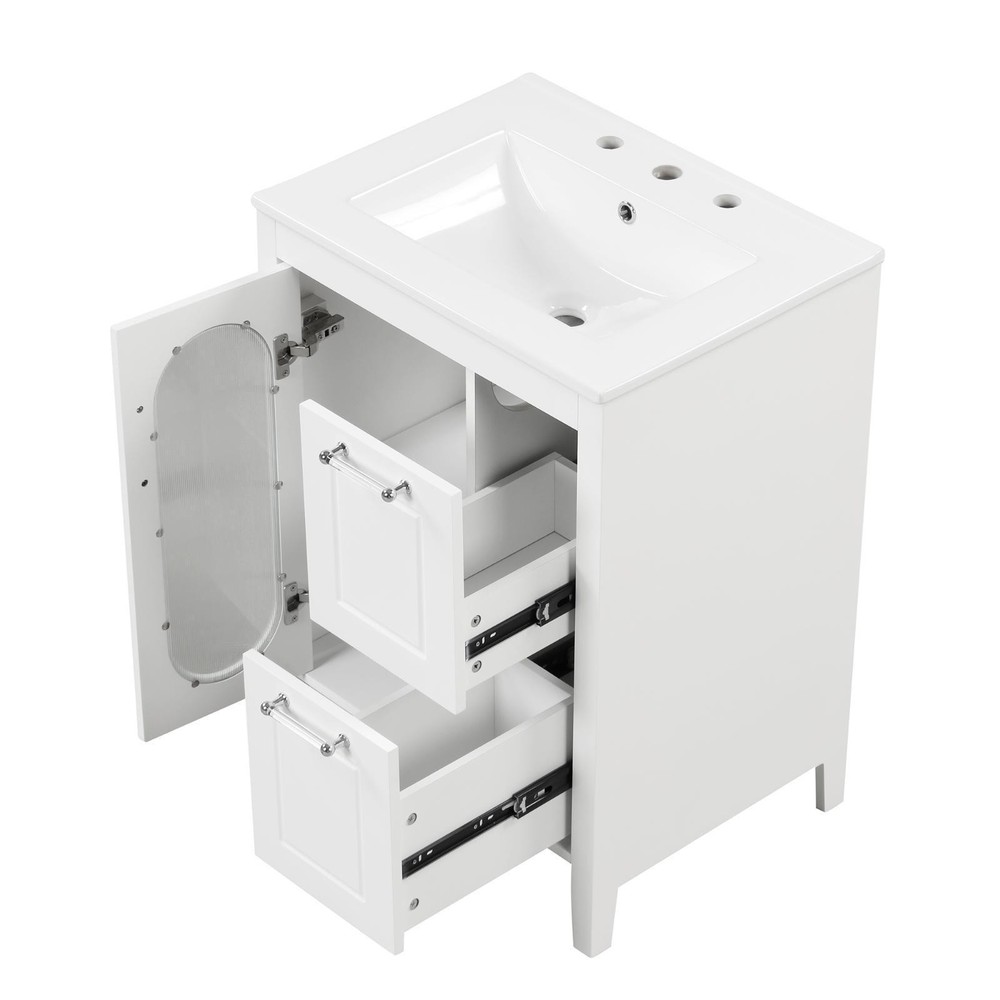 White Bathroom Vanity Cabinet with Ceramic Basin, Two Drawers, Adjustable Shelf,
