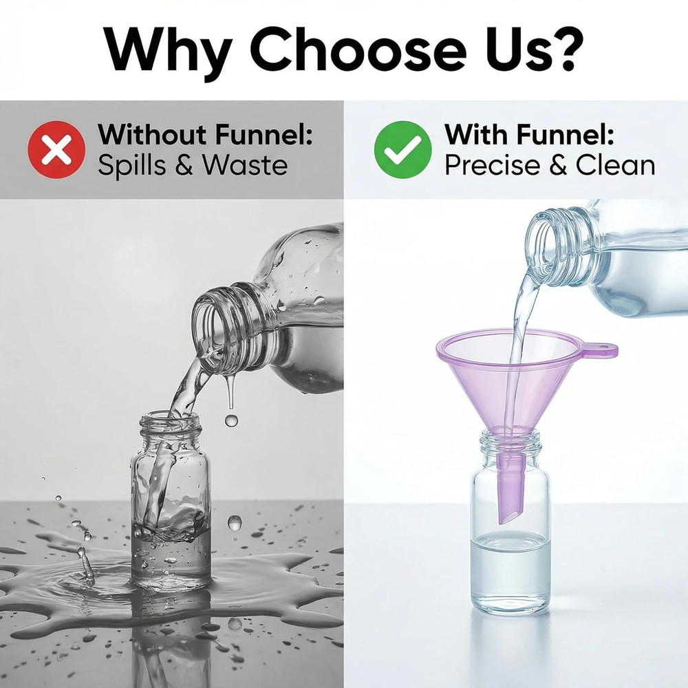 Mini Funnels 8-Pack with Spoon | Small Funnel Set for Filling Tiny Bottles, Esse