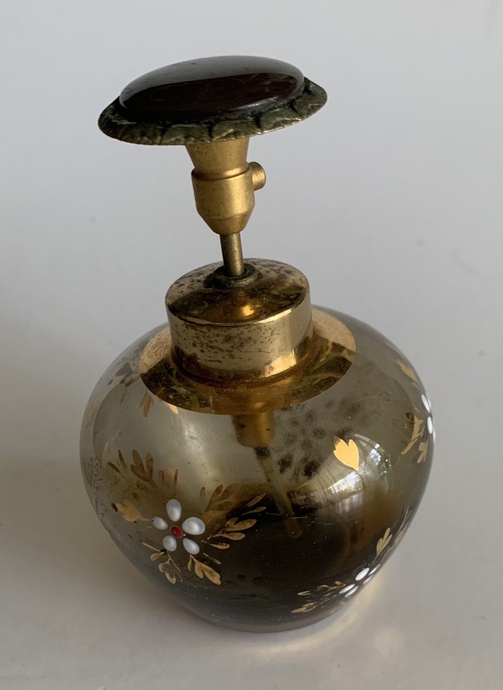 Vintage Smoked Glass DEVILBISS Enamel Deco Perfume Bottle Atomizer West Germany