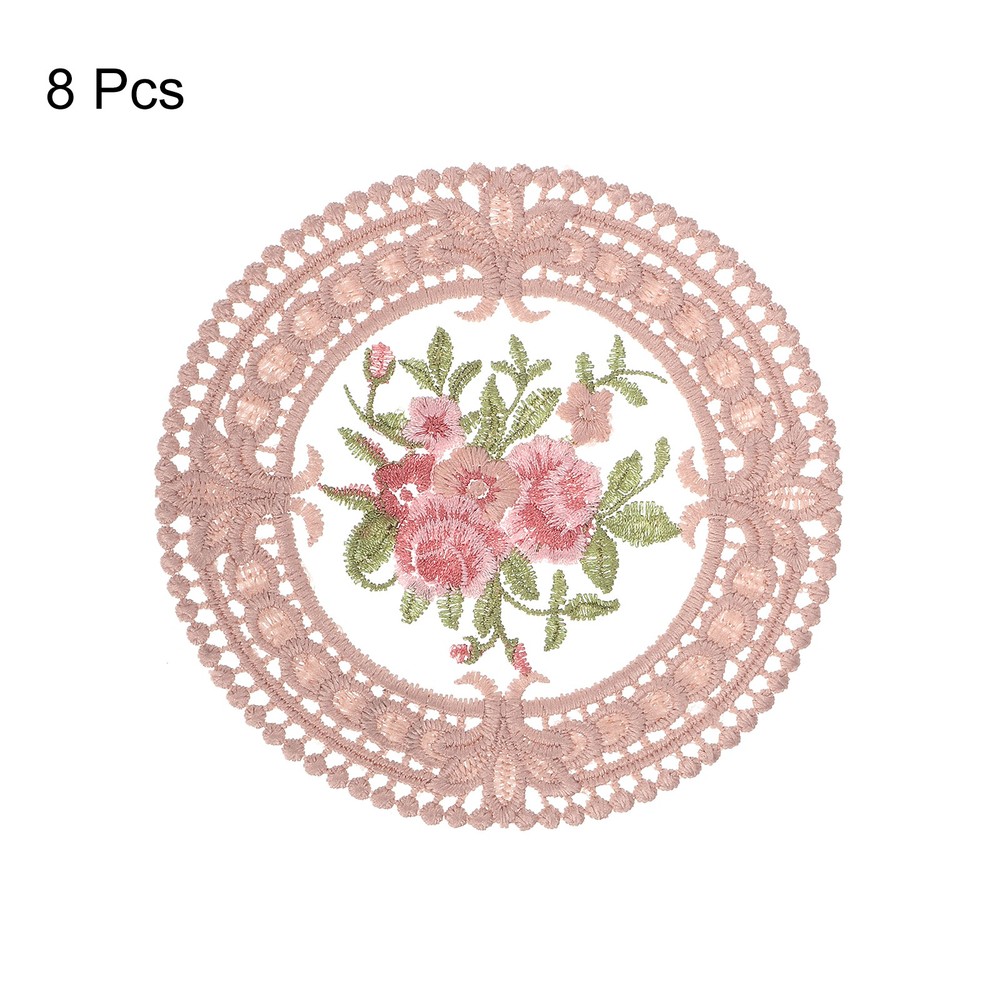 Fabric Coasters, 8pcs 4.7" Polyester Round Lace Embroidery Cup Mat (Brown)