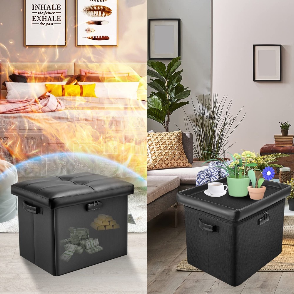 Foldable Foot Rest Ottoman, Lockable Storage For Valuables, Black