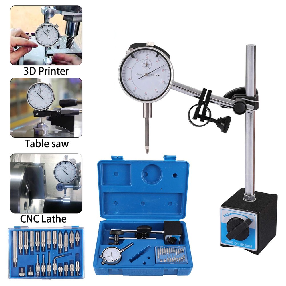 Precision Dial Indicator with Magnetic Base Holder Fine Adjustable Long 0.01"