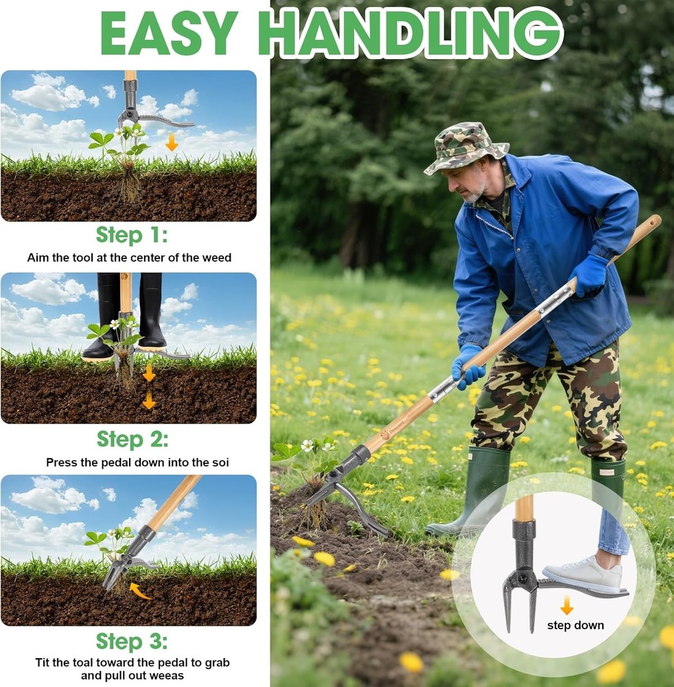 Weed Puller-Stand Up Weed Puller Tool,Adjustable 44-31.5" Bamboo Handle with Hea