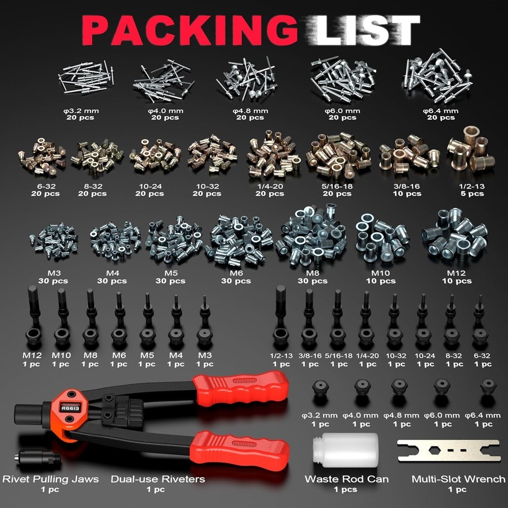 Dual-Function Rivet Nut Tool Rivet Gun Kit Including 405 pcs Rivet Nuts Blind...