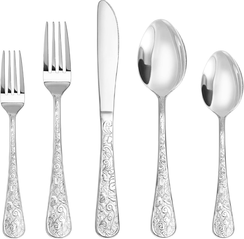 Runfly Vintage Carved Stainless Steel 20 Pieces Flatware Set, Silverware Set, Mo