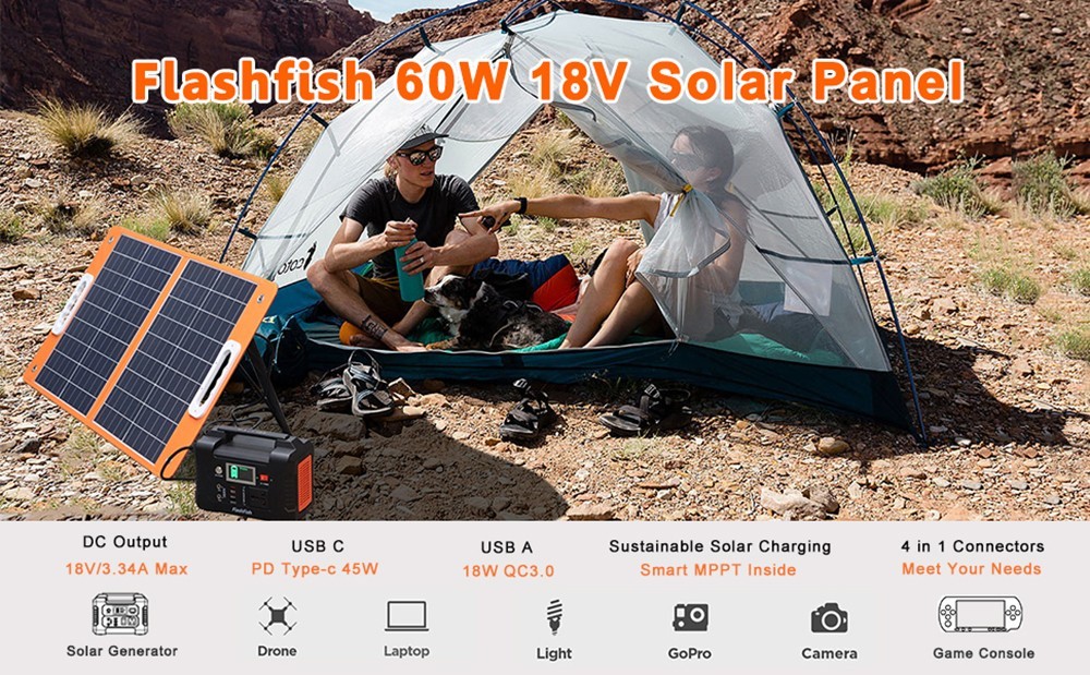 Flashfish TSP18V 60W Foldable Solar Panel Portable Solar Charger with DC/USB