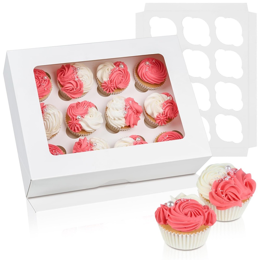 8 Pack Auto-Popup Cupcake Boxes 12 Count White Cupcake Containers with Window...