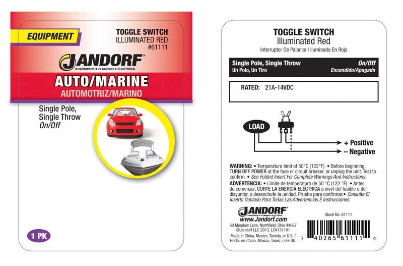 Jandorf Equipment Auto/Marine TOGGLE SWITCH Illuminated Red Single Pole 61111