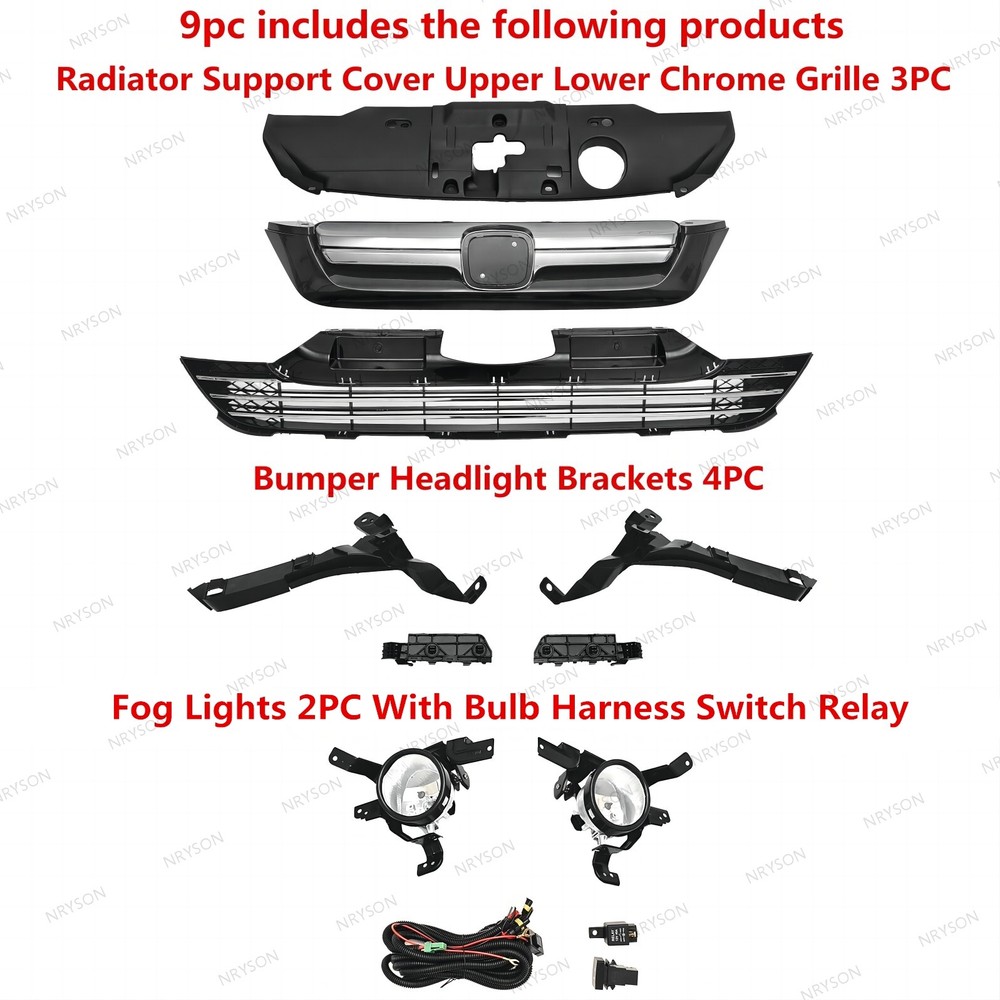 9PC For CR-V 2007-2009 Front Radiator Cover Upper Lower Grille Fog Light Bracket