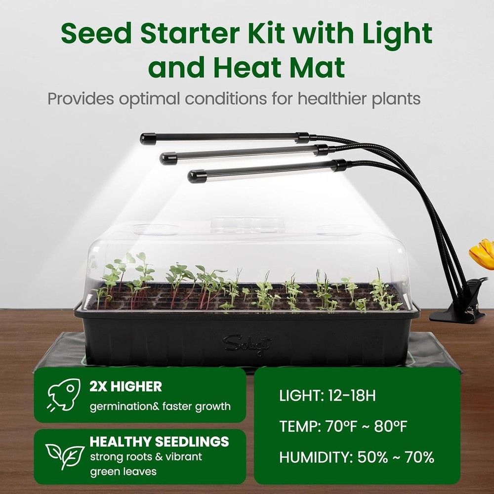 Effortless Seed Germination: 60-Cell Starter Kit with Humidity Dome & Grow Light