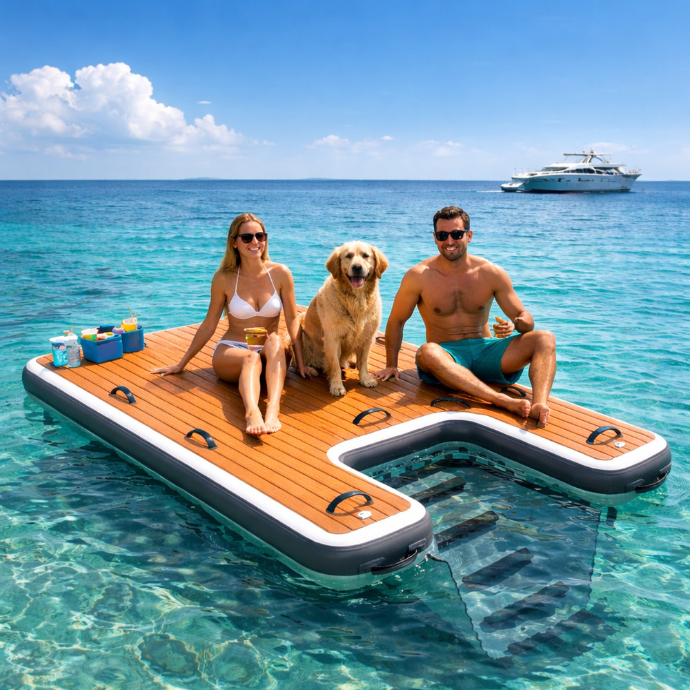 8x5ft Inflatable Swim Platform w/ Dog Ramp, EVA Grip Deck, 8" Thick
