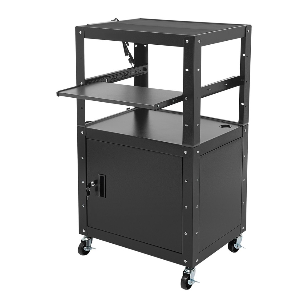 Adjustable Height Black Metal A/V Cart w/ Pullout Keyboard Tray/Locking Cabinet