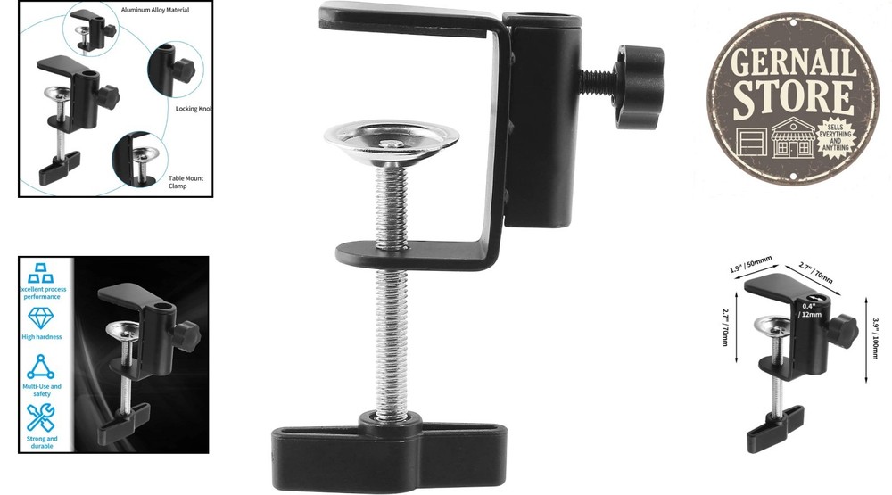 Adjustable C-Clamp Base for Desktop Lamps & Microphone Stands, Metal Black