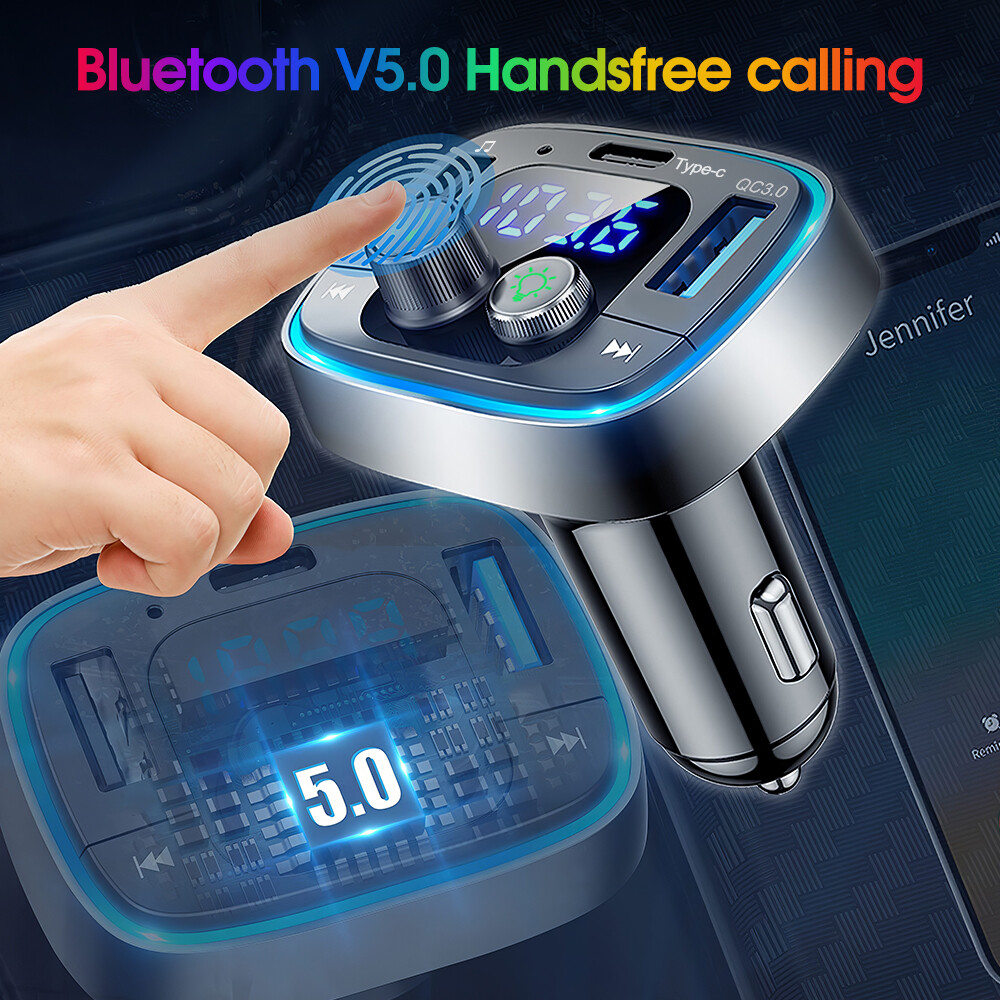 Bluetooth 5.1 Car Adapter Wireless FM Transmitter Hands-Free Calling MP3 Player