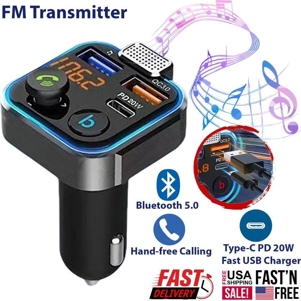 Wireless Bluetooth 5.0 FM Transmitter Adapter Type-C PD 20W Fast USB Charger