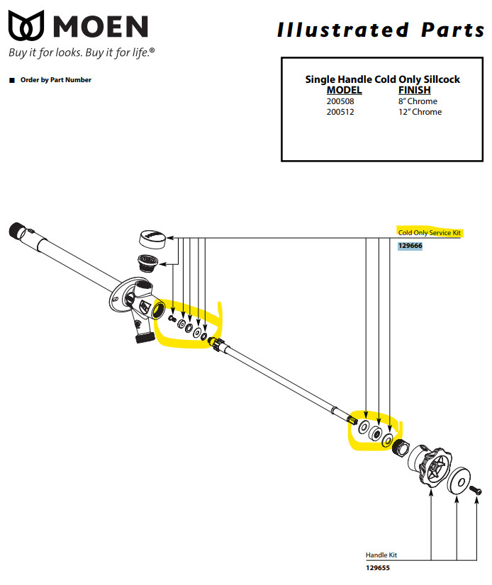 Moen 129666 Cold Only Service Kit for Single Handle Sillcock 200508 & 200512