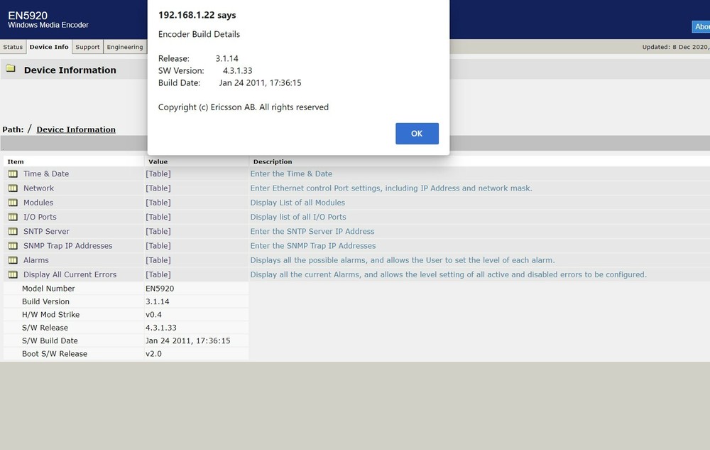 Tandberg Ericsson EN5920 MPEG-2 WMV IPTS SDI SD Encoder 1RU AllLicensesEnabled