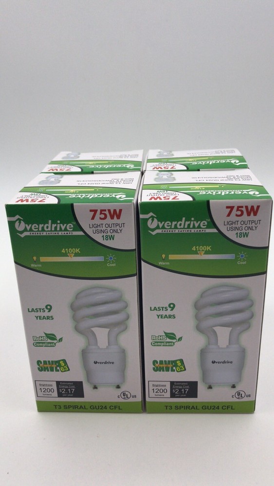 4 Pack,18W CFL Spiral GU24 Base 4100K Cool White =75W Fluorescent Light Bulb