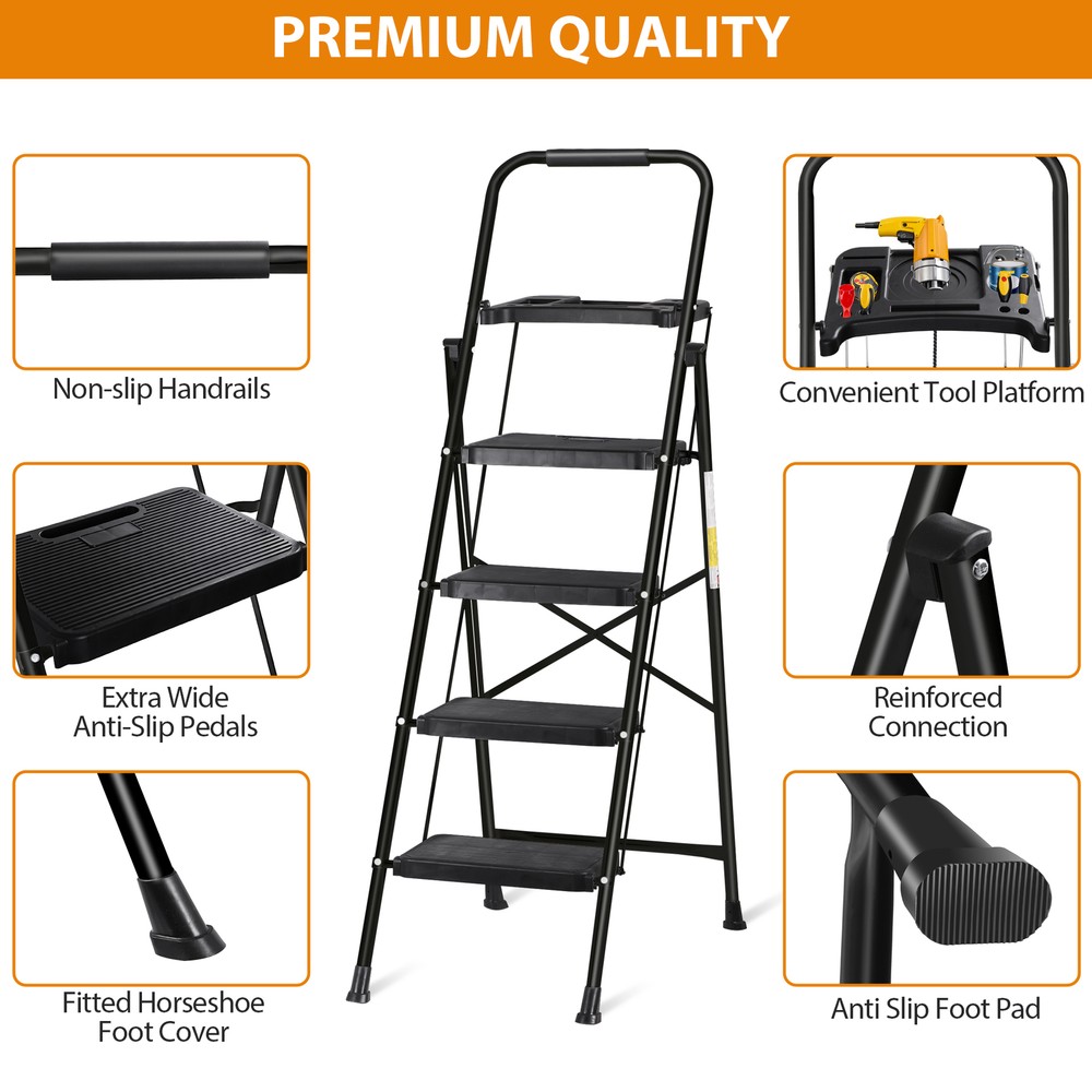 Step Ladder 4 Step Folding Black 330 Lbs Max Load Ladder Folding W/ Work Tray