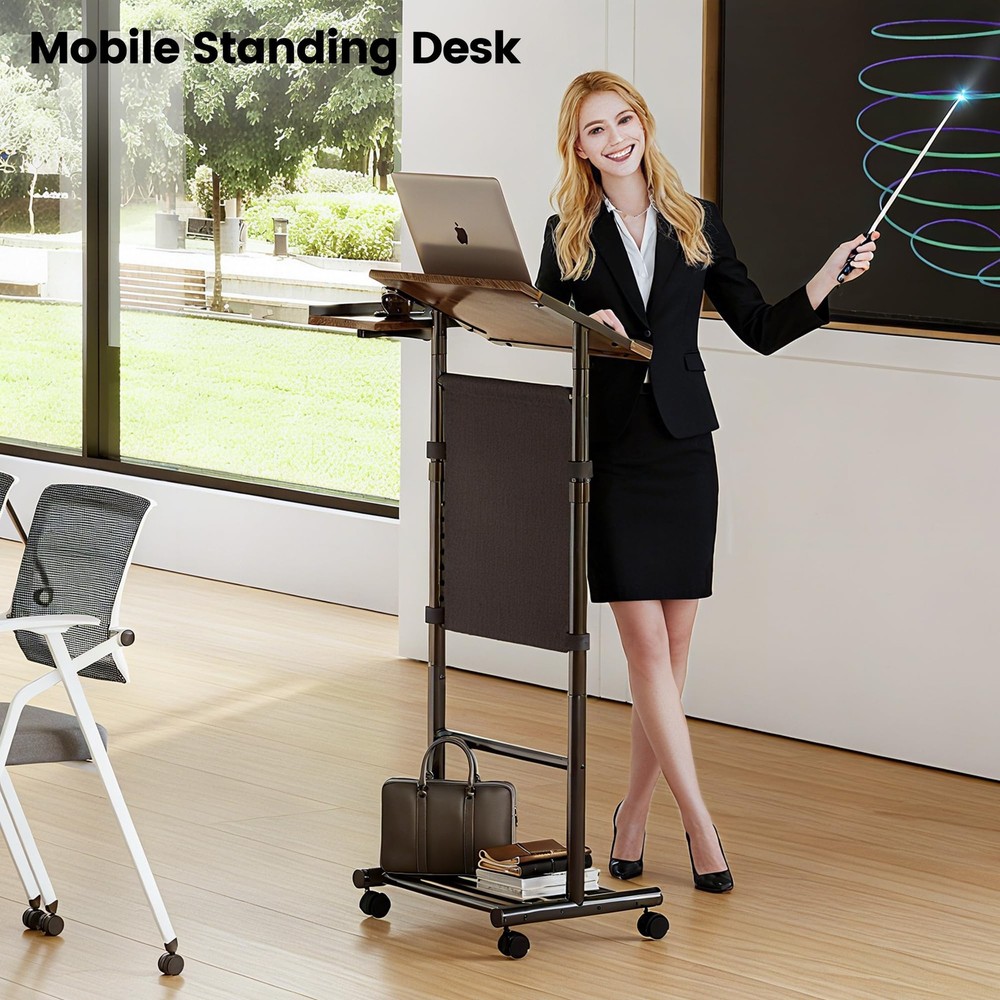 Mobile Standing Desk Podium, Height Adjustable Rolling Lectern with 360° Whee...