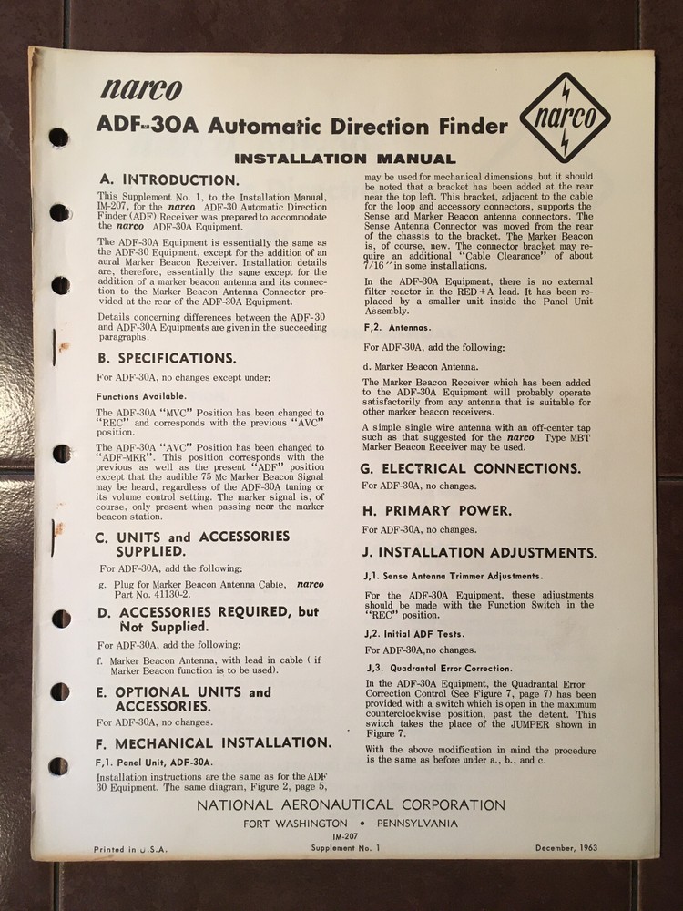 Narco ADF-30A Install Manual