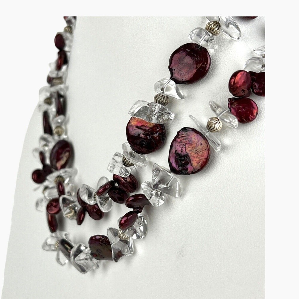Artisan Beaded Boho Necklace Double Strand Quartz Dyed Red Shell Statement