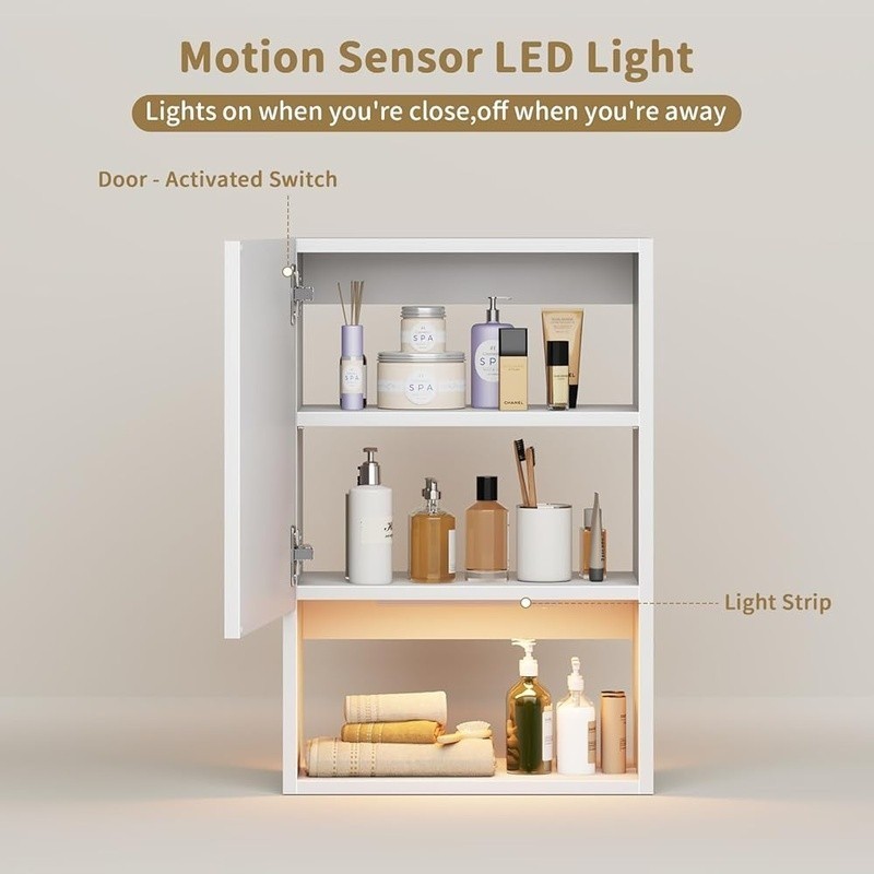 Adjustable Wall-Mounted Bathroom Cabinet W/ Soft-Close Doors & LED Light New