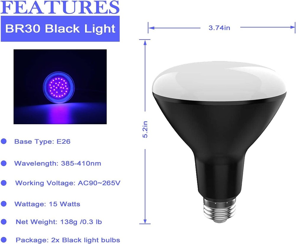 BR30 UV Black Light Bulb - 15W(100w Equivalent) E26 Medium Base, UVA
